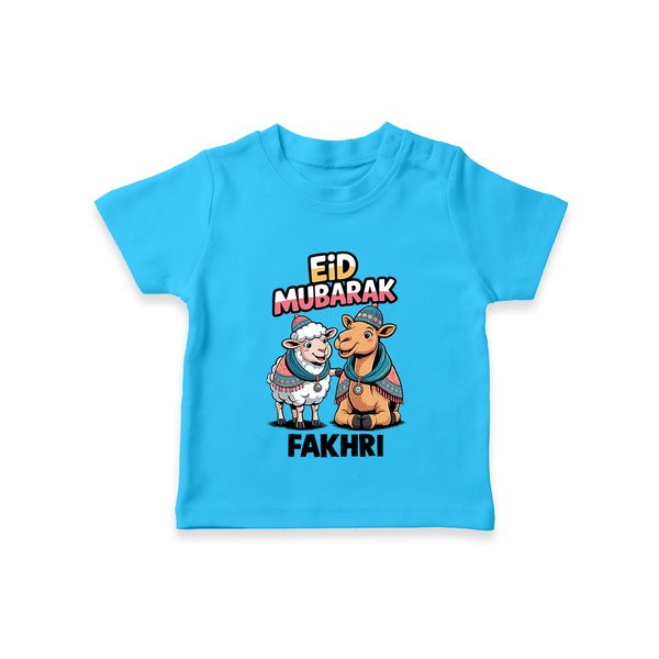 Eid Mubarak Sheep & Camel Personalized Baby Tshirt - SKY BLUE - 0-5 Months Old (Chest 17")