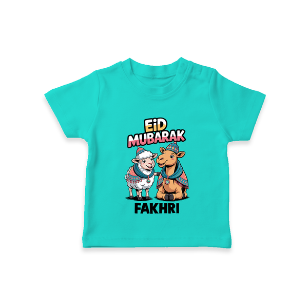 Eid Mubarak Sheep & Camel Personalized Baby Tshirt - TEAL - 0-5 Months Old (Chest 17")