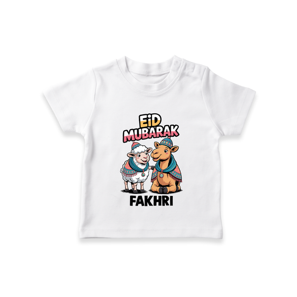 Eid Mubarak Sheep & Camel Personalized Baby Tshirt - WHITE - 0-5 Months Old (Chest 17")