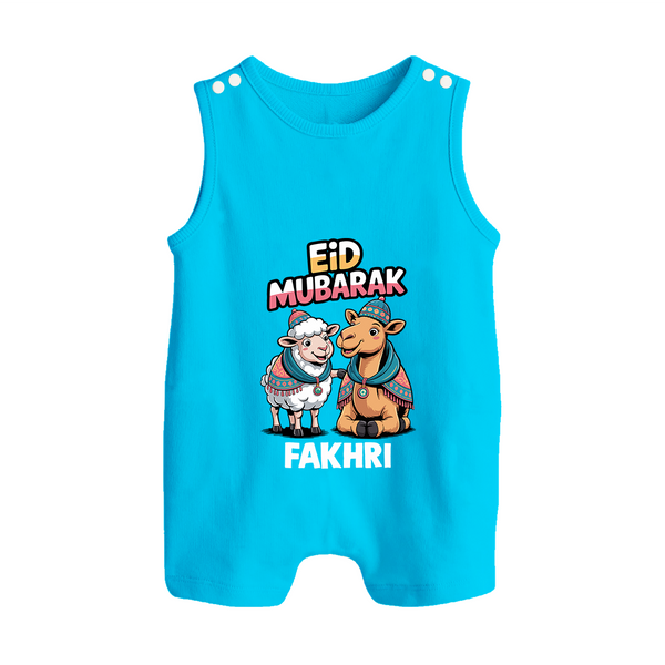 Eid Mubarak Sheep & Camel Personalized Baby Button Romper - SKY BLUE - New Born (Chest 18")