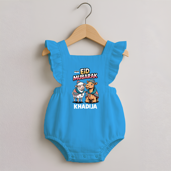 Eid Mubarak Sheep & Camel Personalized Baby Romper Frock - SKY BLUE - 0 - 3 Months Old (Chest 19")