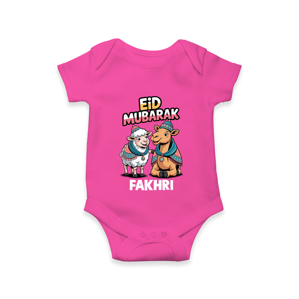Eid Mubarak Sheep & Camel Personalized Baby Romper - HOT PINK - New Born (Chest 14")