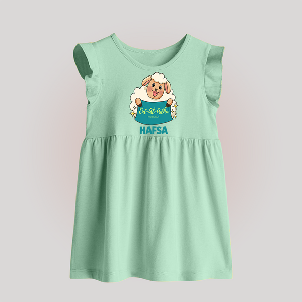 Eid Al Adha Cute Sheep Personalized Baby Baby Frock - MINT GREEN - 0 - 3 Months Old (Chest 17")