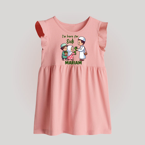 I’m Here for Eidi Cute Kids Eid Personalized Baby Frock - BABY PINK - 0 - 3 Months Old (Chest 17")