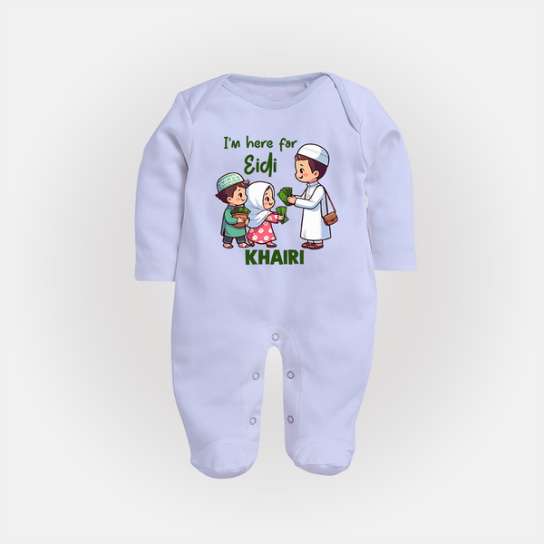 I’m Here for Eidi Cute Kids Eid Personalized Full Body Suit - BABY BLUE - New Born (Chest 7.5")