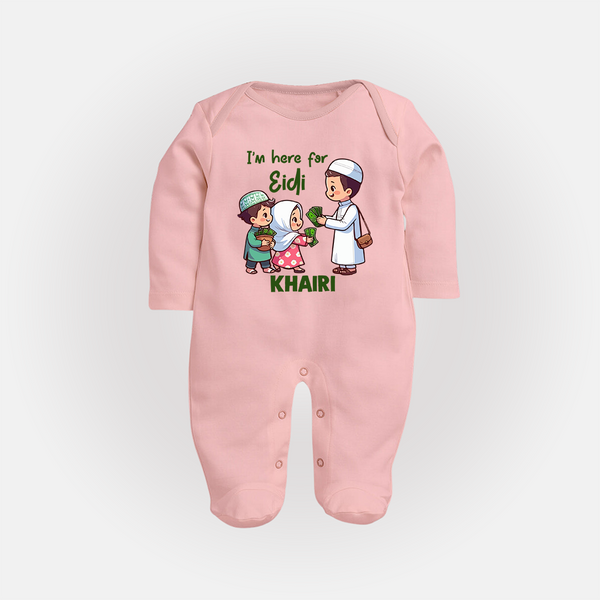 I’m Here for Eidi Cute Kids Eid Personalized Full Body Suit - BABY PINK - New Born (Chest 7.5")