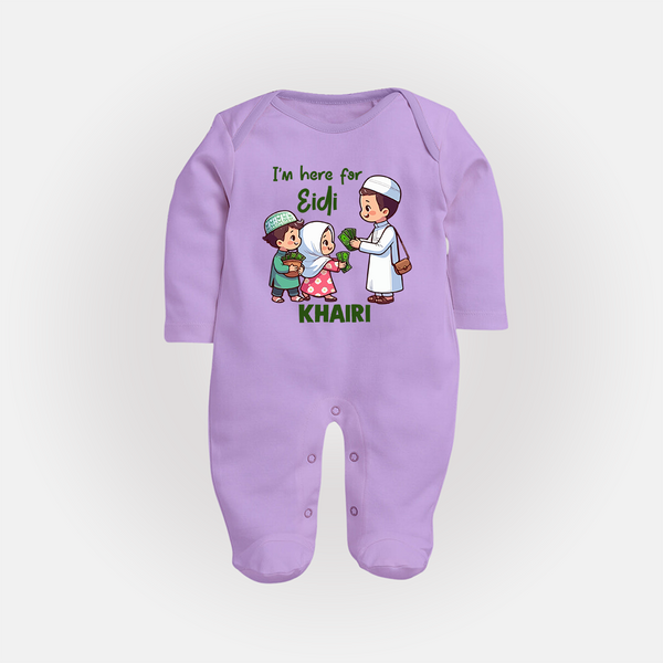 I’m Here for Eidi Cute Kids Eid Personalized Full Body Suit - LILAC - New Born (Chest 7.5")