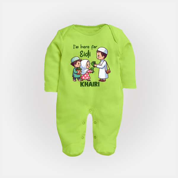 I’m Here for Eidi Cute Kids Eid Personalized Full Body Suit - LIME GREEN - New Born (Chest 7.5")