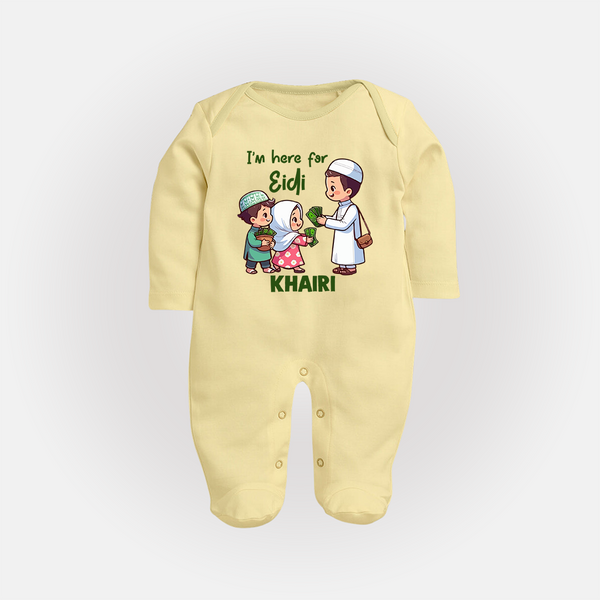 I’m Here for Eidi Cute Kids Eid Personalized Full Body Suit - PASTEL YELLOW - New Born (Chest 7.5")