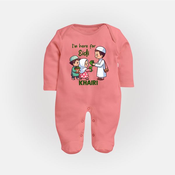 I’m Here for Eidi Cute Kids Eid Personalized Full Body Suit - PEACH - New Born (Chest 7.5")