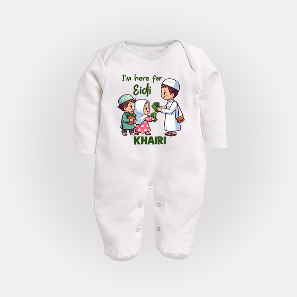 I’m Here for Eidi Cute Kids Eid Personalized Full Body Suit - WHITE - New Born (Chest 7.5")