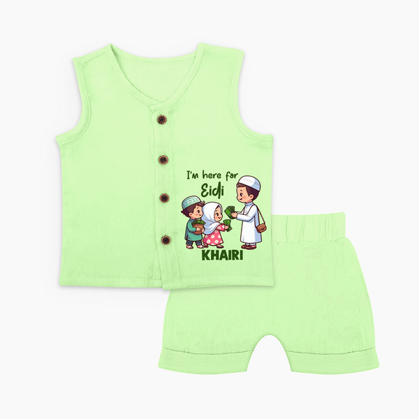 I’m Here for Eidi Cute Kids Eid Personalized jabla - PASTEL GREEN - 0 - 3 Months Old (Chest 9.8")