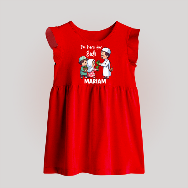 I’m Here for Eidi Cute Kids Eid Personalized Baby Frock - RED - 0 - 3 Months Old (Chest 17")