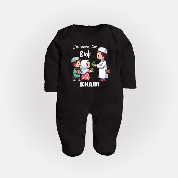 I’m Here for Eidi Cute Kids Eid Personalized Full Body Suit - BLACK - New Born (Chest 7.5")