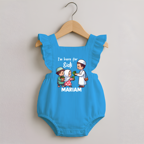 I’m Here for Eidi Cute Kids Eid Personalized Romper Frock - SKY BLUE - 0 - 3 Months Old (Chest 19")