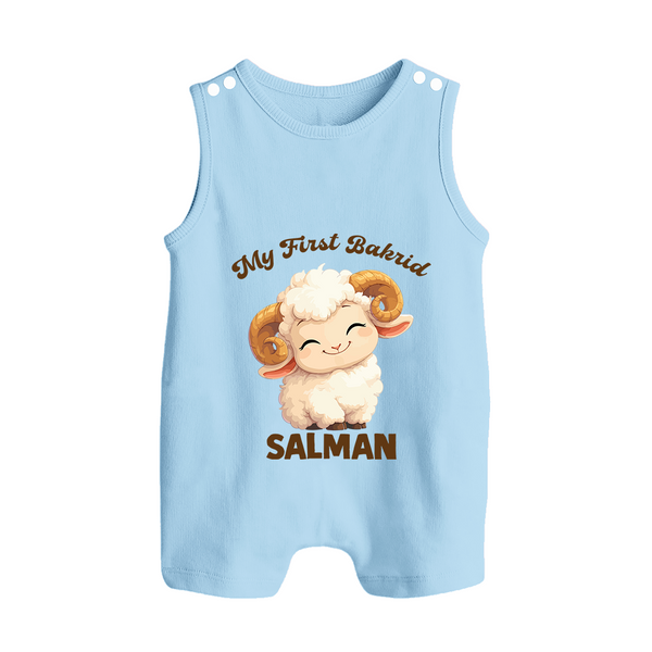 My First Bakrid Cute Lamb Personalized Baby Button Romper - BABY BLUE - New Born (Chest 18")