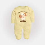 My First Bakrid Cute Lamb Personalized Baby Full Body Suit - PASTEL YELLOW - New Born (Chest 7.5")