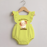 My First Bakrid Cute Lamb Personalized Baby Romper Frock - PASTEL YELLOW - 0 - 3 Months Old (Chest 19")