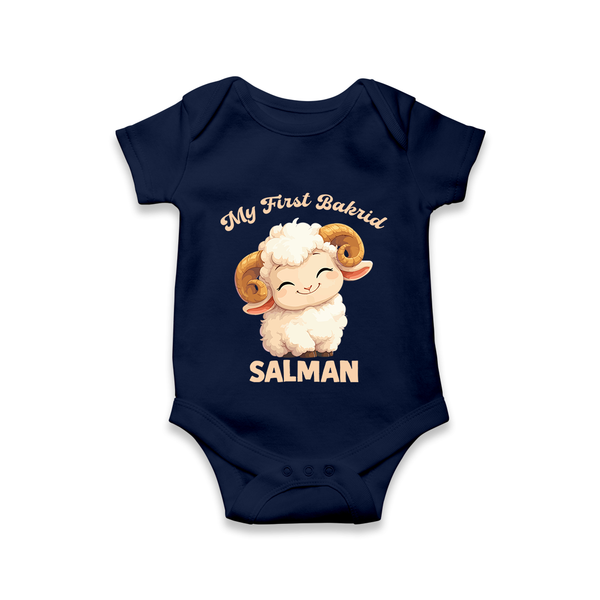My First Bakrid Cute Lamb Personalized Baby Romper - NAVY BLUE - New Born (Chest 14")