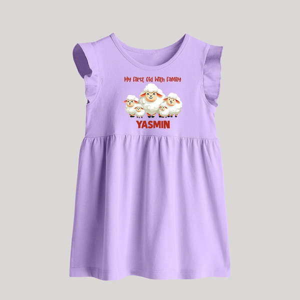 My First Eid with Family Sheep Theme Personalized Baby Baby Frock - LILAC - 0 - 3 Months Old (Chest 17")