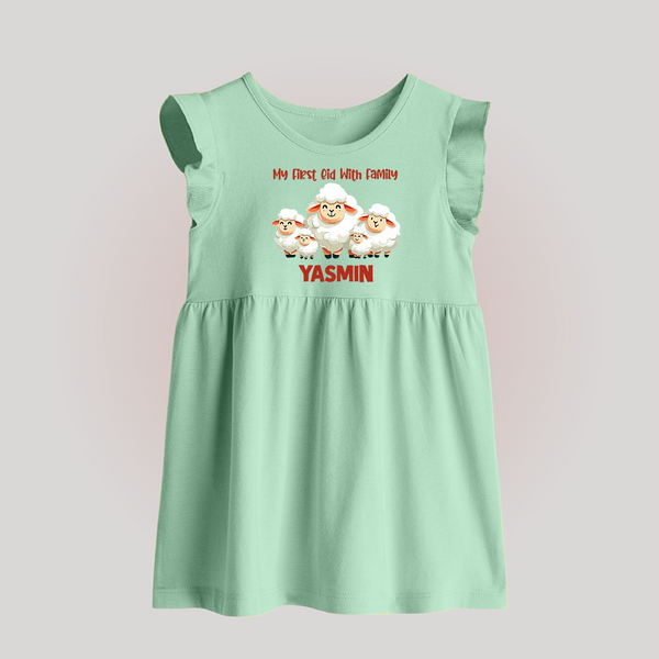 My First Eid with Family Sheep Theme Personalized Baby Baby Frock - MINT GREEN - 0 - 3 Months Old (Chest 17")