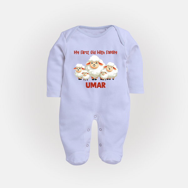 My First Eid with Family Sheep Theme Personalized Baby Full Body Suit - BABY BLUE - New Born (Chest 7.5")
