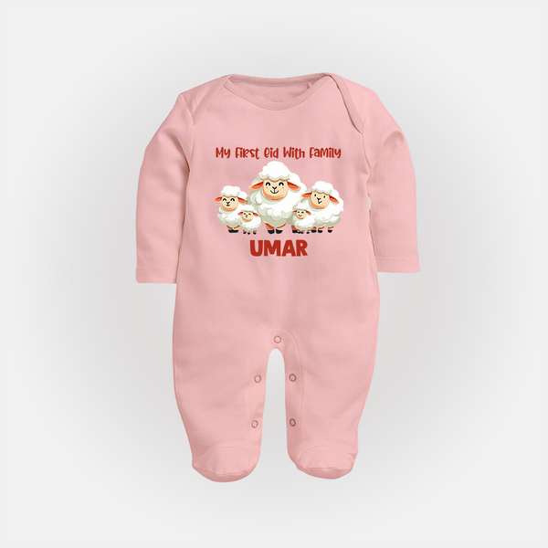 My First Eid with Family Sheep Theme Personalized Baby Full Body Suit - BABY PINK - New Born (Chest 7.5")