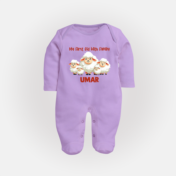 My First Eid with Family Sheep Theme Personalized Baby Full Body Suit - LILAC - New Born (Chest 7.5")