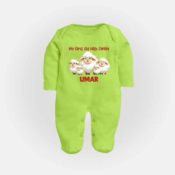 My First Eid with Family Sheep Theme Personalized Baby Full Body Suit - LIME GREEN - New Born (Chest 7.5")
