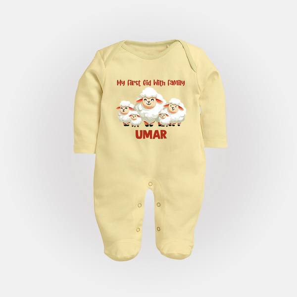 My First Eid with Family Sheep Theme Personalized Baby Full Body Suit - PASTEL YELLOW - New Born (Chest 7.5")