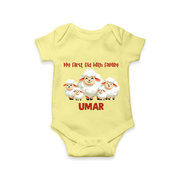 My First Eid with Family Sheep Theme Personalized Baby Romper - PASTEL YELLOW - New Born (Chest 14")