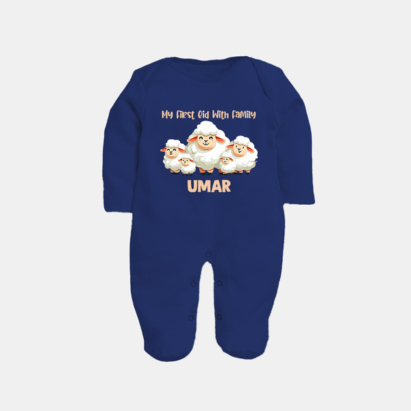 My First Eid with Family Sheep Theme Personalized Baby Full Body Suit - NAVY BLUE - New Born (Chest 7.5")