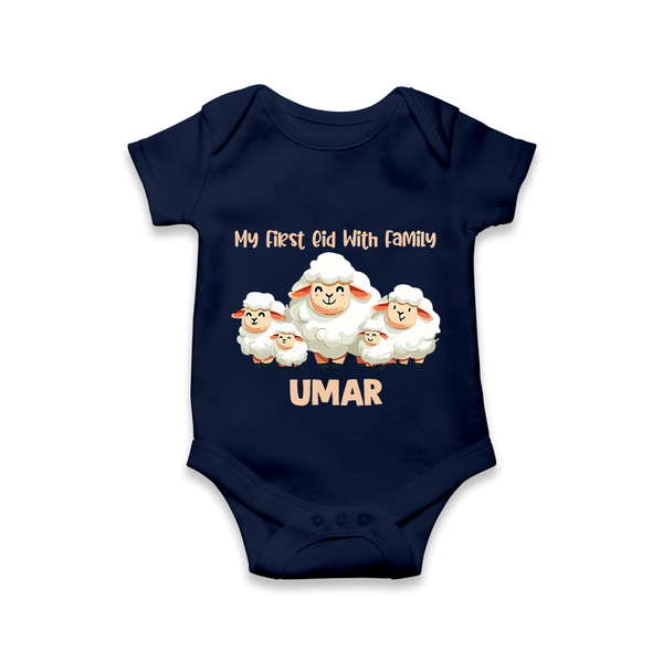 My First Eid with Family Sheep Theme Personalized Baby Romper - NAVY BLUE - New Born (Chest 14")