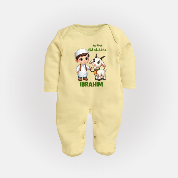 My First Eid Al Adha Boy & Goat Personalized Baby Full Body Suit - PASTEL YELLOW - New Born (Chest 7.5")