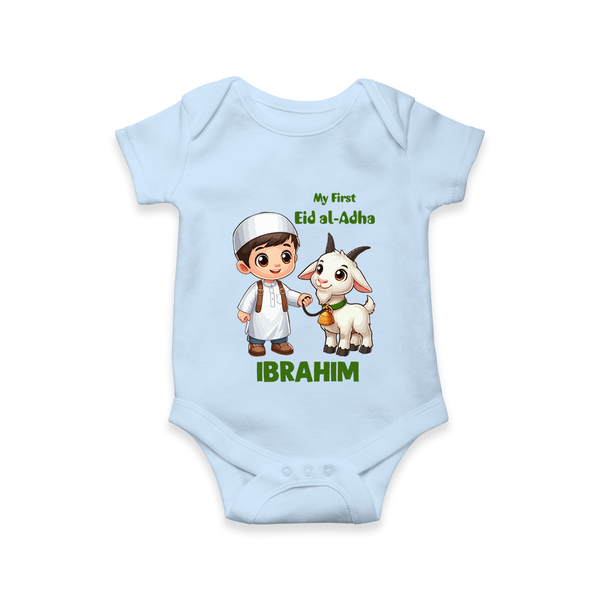 My First Eid Al Adha Boy & Goat Personalized Baby Romper - BABY BLUE - New Born (Chest 14")