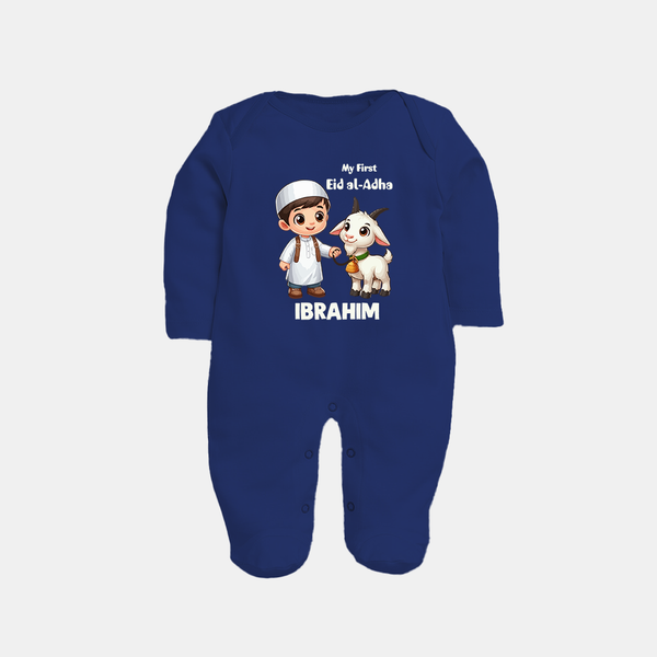 My First Eid Al Adha Boy & Goat Personalized Baby Full Body Suit - NAVY BLUE - New Born (Chest 7.5")