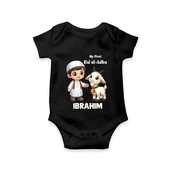 My First Eid Al Adha Boy & Goat Personalized Baby Romper - BLACK - New Born (Chest 14")
