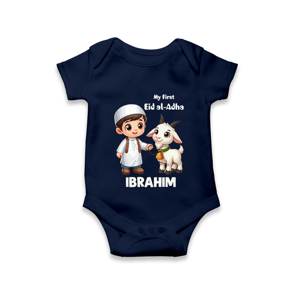 My First Eid Al Adha Boy & Goat Personalized Baby Romper - NAVY BLUE - New Born (Chest 14")