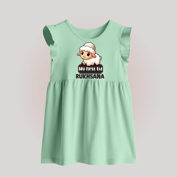 My First Eid Cute Lamb Illustration Personalized Baby Baby Frock - MINT GREEN - 0 - 3 Months Old (Chest 17")