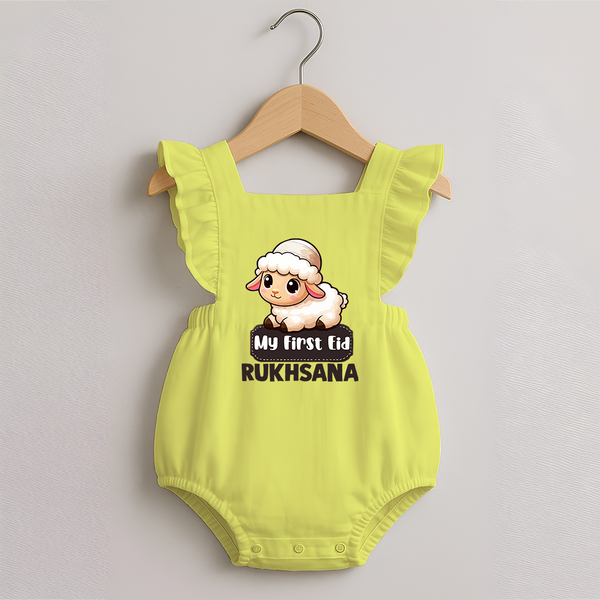 My First Eid Cute Lamb Illustration Personalized Baby Romper Frock - PASTEL YELLOW - 0 - 3 Months Old (Chest 19")
