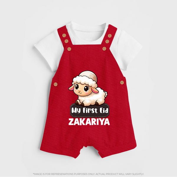 My First Eid Cute Lamb Illustration Personalized Baby dungaree - RED - 0 - 5 Months Old (Chest 18")