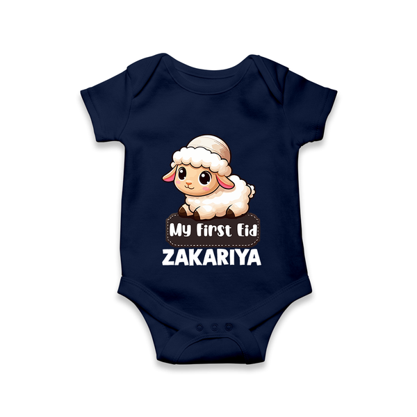 My First Eid Cute Lamb Illustration Personalized Baby Romper - NAVY BLUE - New Born (Chest 14")