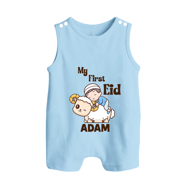 My First Eid Boy Riding Lamb Fun Theme Personalized Baby Button Romper - BABY BLUE - New Born (Chest 18")