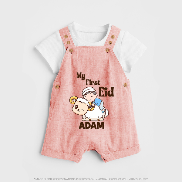 My First Eid Boy Riding Lamb Fun Theme Personalized Baby dungaree - PEACH - 0 - 5 Months Old (Chest 18")