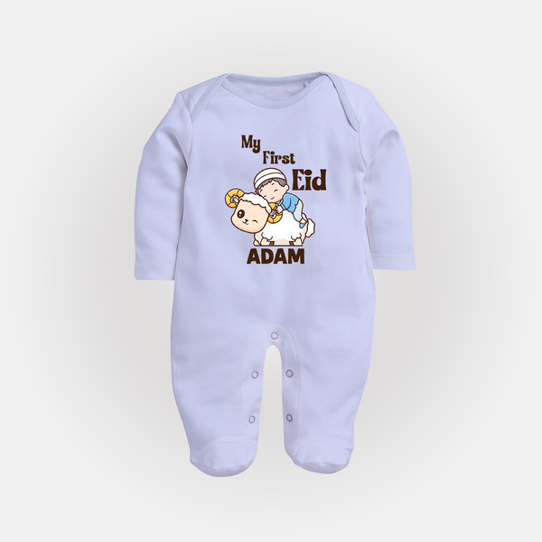 My First Eid Boy Riding Lamb Fun Theme Personalized Baby Full Body Suit - BABY BLUE - New Born (Chest 7.5")