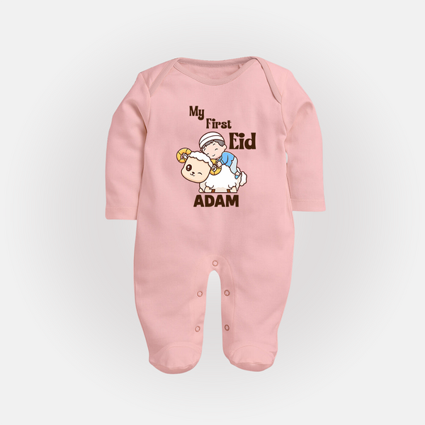 My First Eid Boy Riding Lamb Fun Theme Personalized Baby Full Body Suit - BABY PINK - New Born (Chest 7.5")