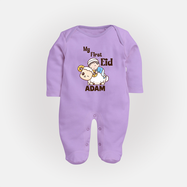 My First Eid Boy Riding Lamb Fun Theme Personalized Baby Full Body Suit - LILAC - New Born (Chest 7.5")