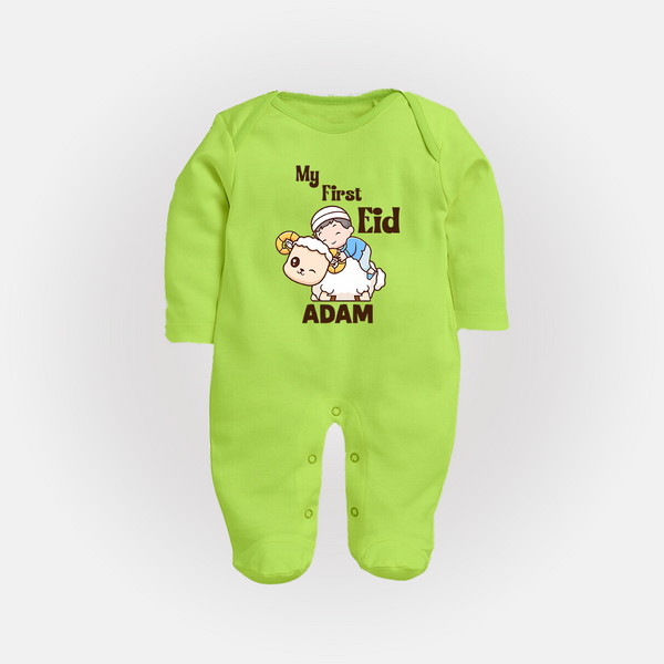 My First Eid Boy Riding Lamb Fun Theme Personalized Baby Full Body Suit - LIME GREEN - New Born (Chest 7.5")