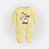My First Eid Boy Riding Lamb Fun Theme Personalized Baby Full Body Suit - PASTEL YELLOW - New Born (Chest 7.5")