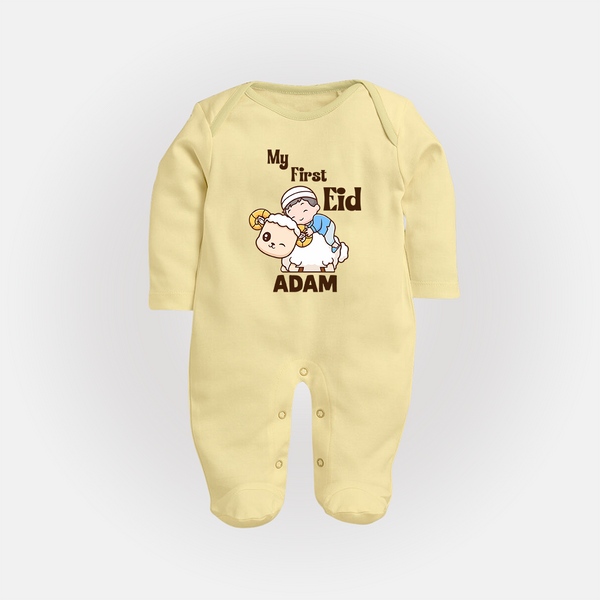 My First Eid Boy Riding Lamb Fun Theme Personalized Baby Full Body Suit - PASTEL YELLOW - New Born (Chest 7.5")
